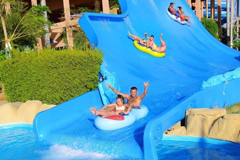 Enjoying the water slides in Jungle Aqua Park