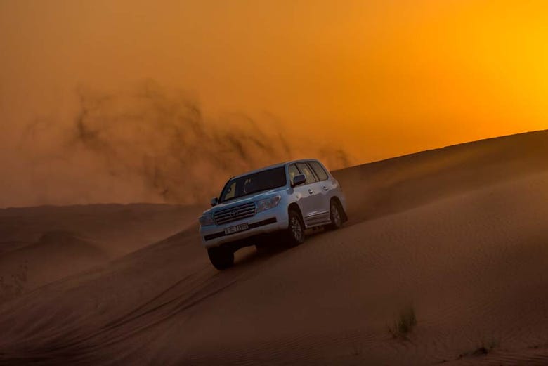 Crossing the desert at sunset