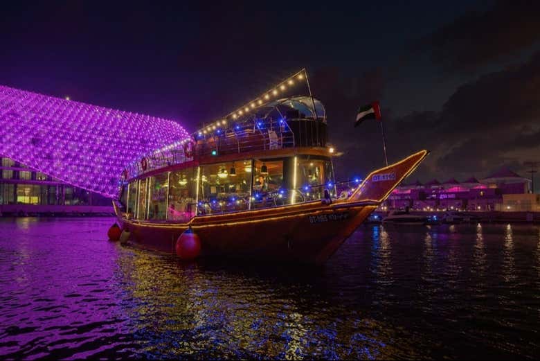 The boat lit up at night
