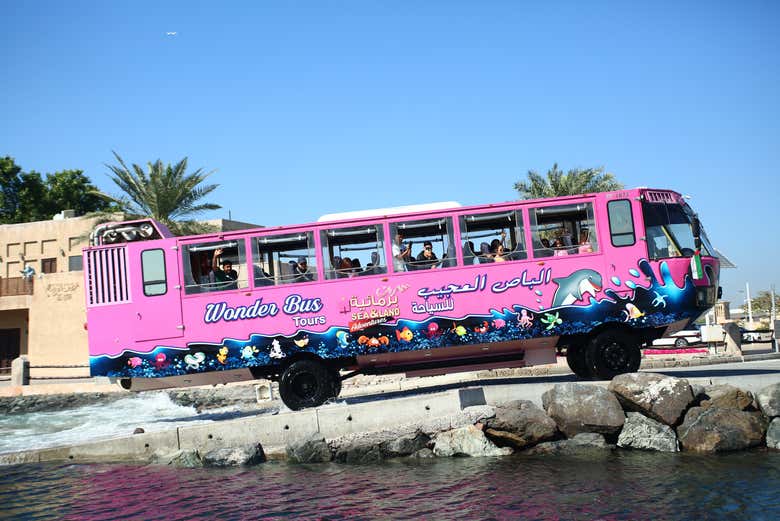 El autobús anfibio saliendo del agua