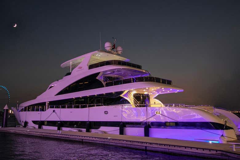 The yacht glowing in the night