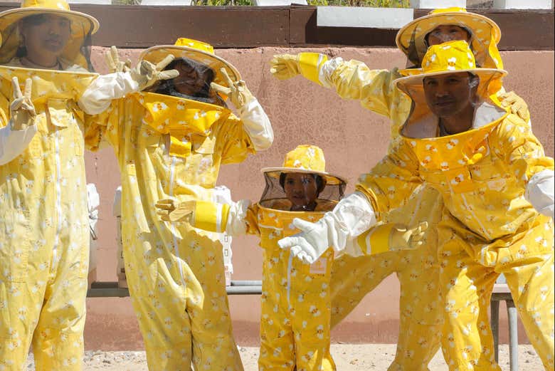 Famille en costumes d'apiculteurs