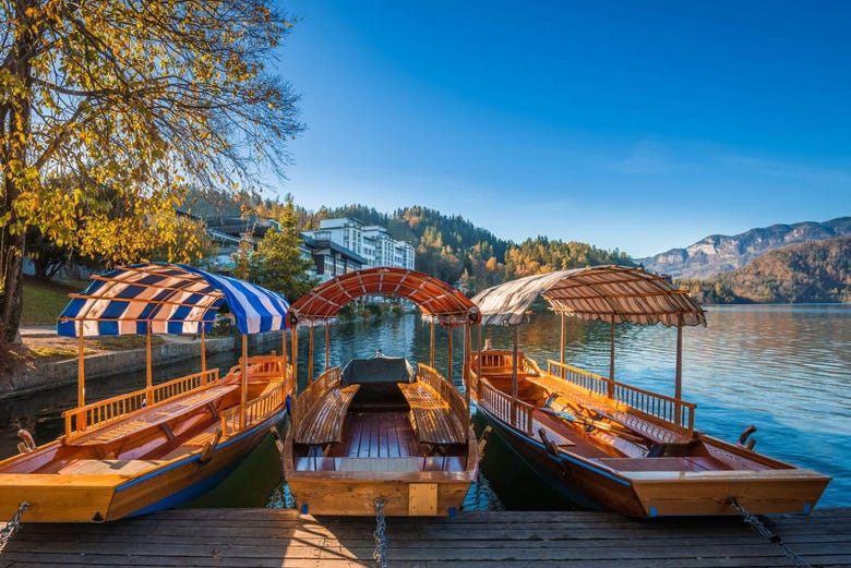 Barcos pletna a orillas del lago Bled