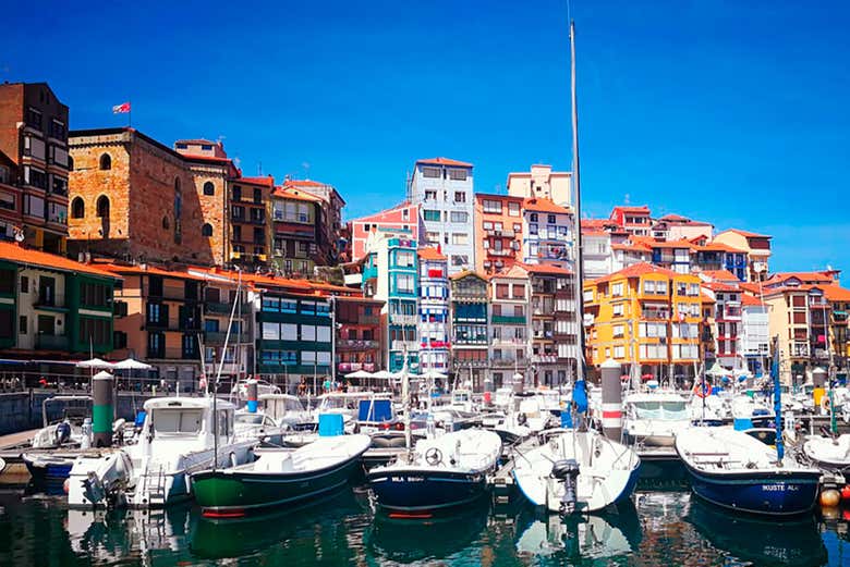 Embarcações tradicionais em frente a casas coloridas