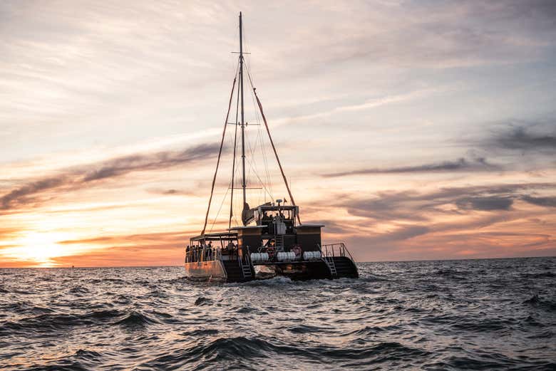 Navegando ao entardecer nas águas de Cádiz