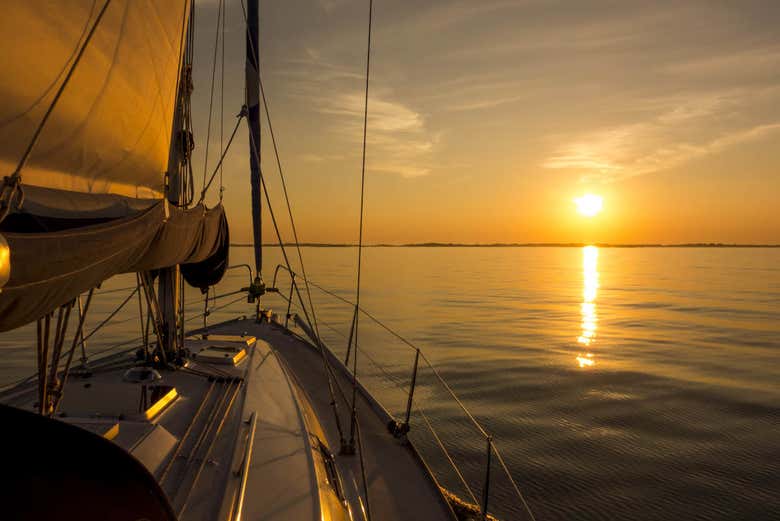 Sailing through the Mediterranean at sunset