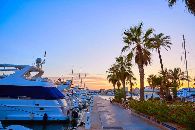 A view of the port of Denia at sunset