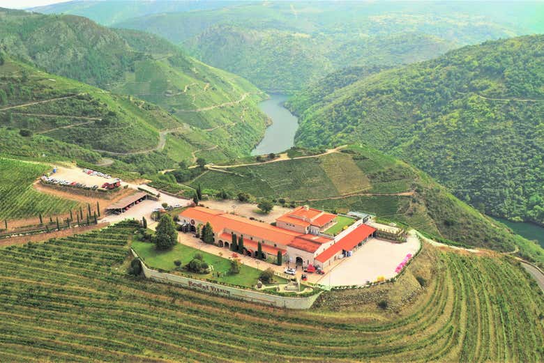 Vista aérea de la bodega Regina Viarum en el cañón del Sil