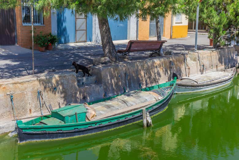 Barcas nas águas verdes em Albufera