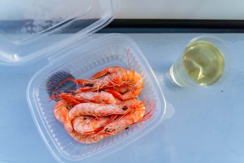 Aperitivo de gambas de Huelva e vinho do Condado