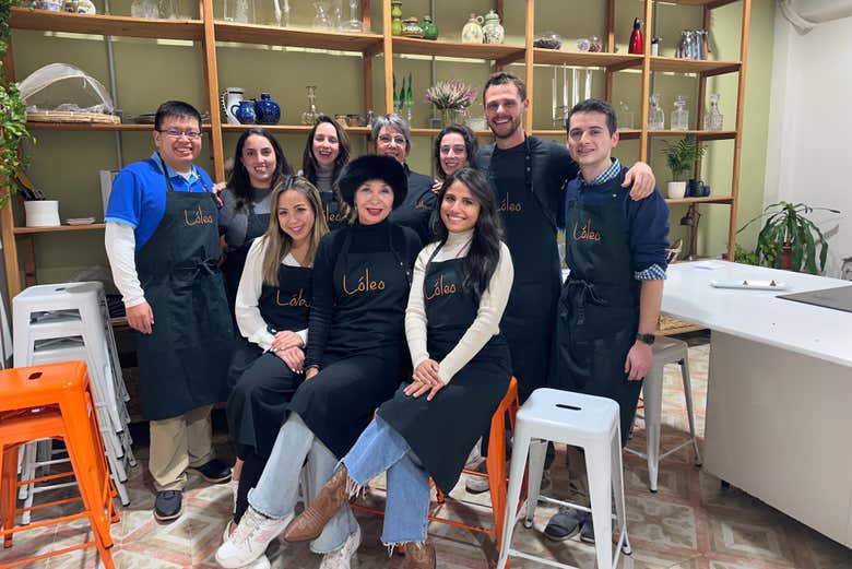 A family participating in our Spanish cooking class in Madrid