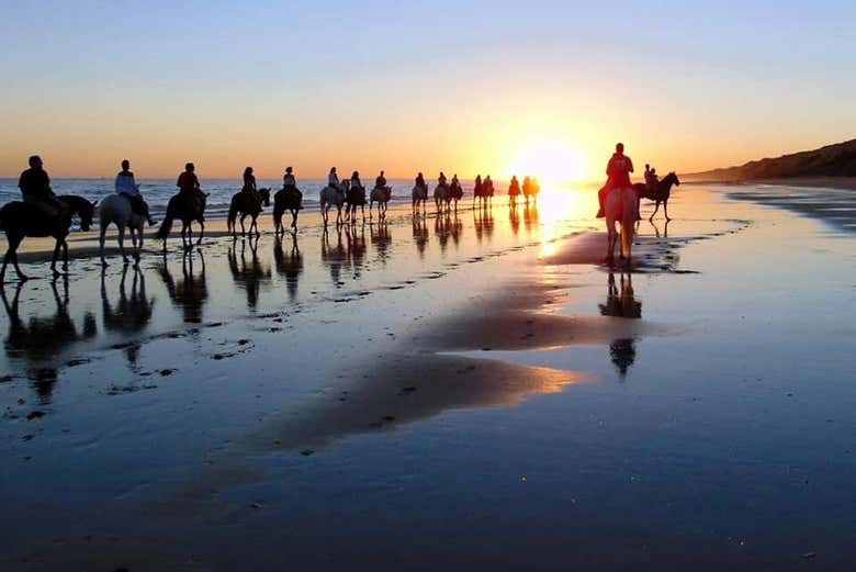 Chemin équestre par la plage de Doñana au coucher de soleil