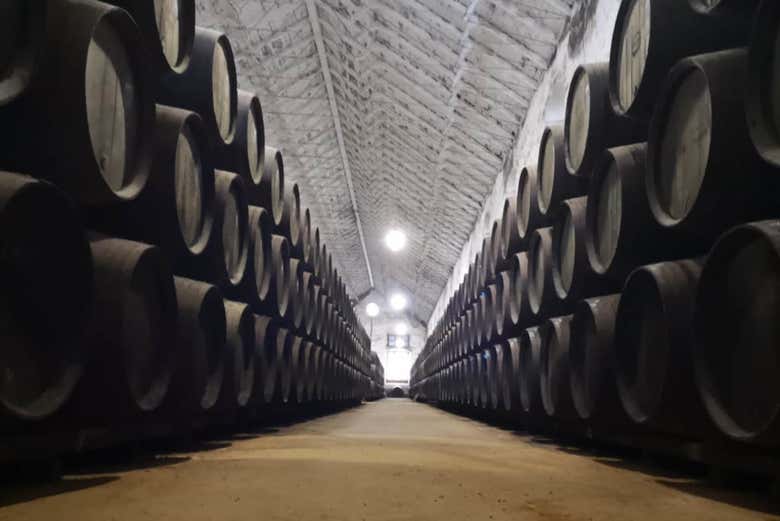 Sala de barricas de la bodega Pérez Barquero