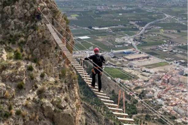 Crossing a suspension bridge