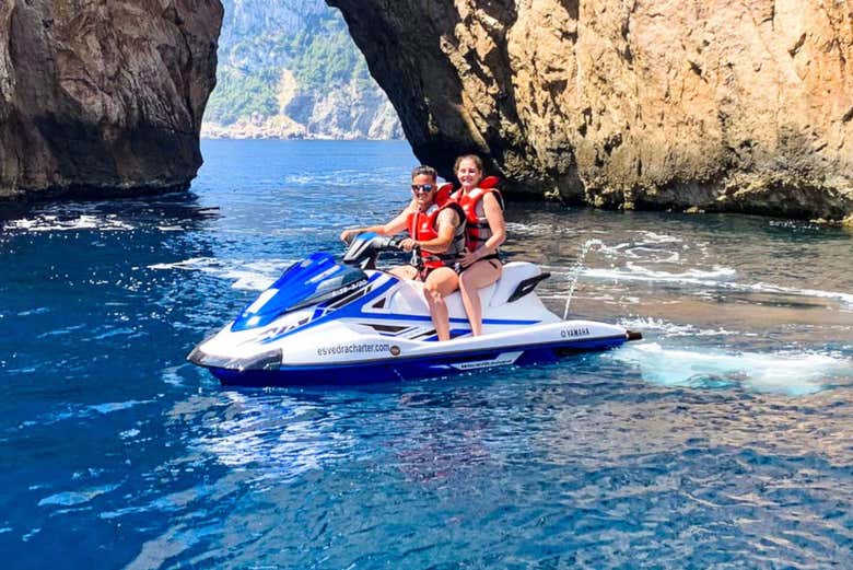 Exploring Ibiza's coastline by jet ski
