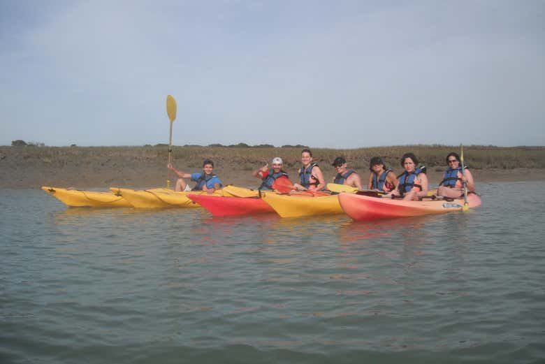 Friends paddling together