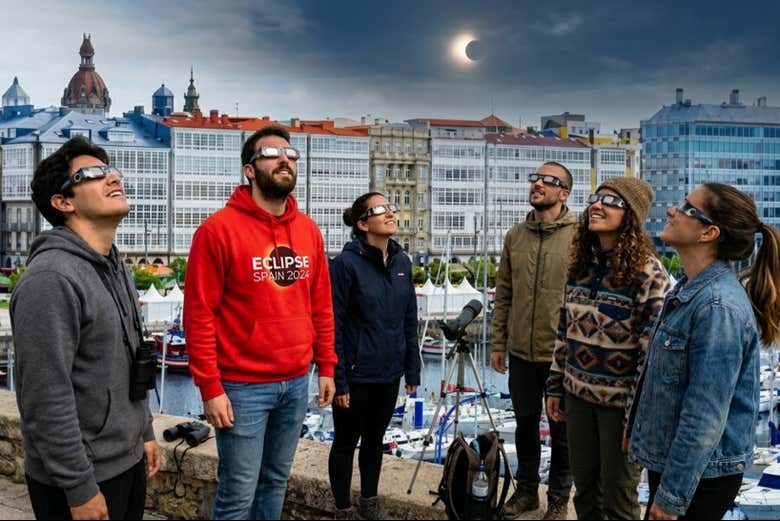 Grupo observando el eclipse