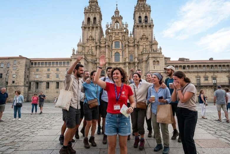 Grupo celebrando la llegada a Santiago