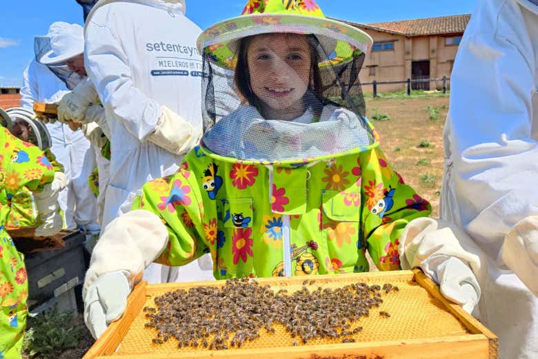 Una niña sosteniendo un panel de abejas