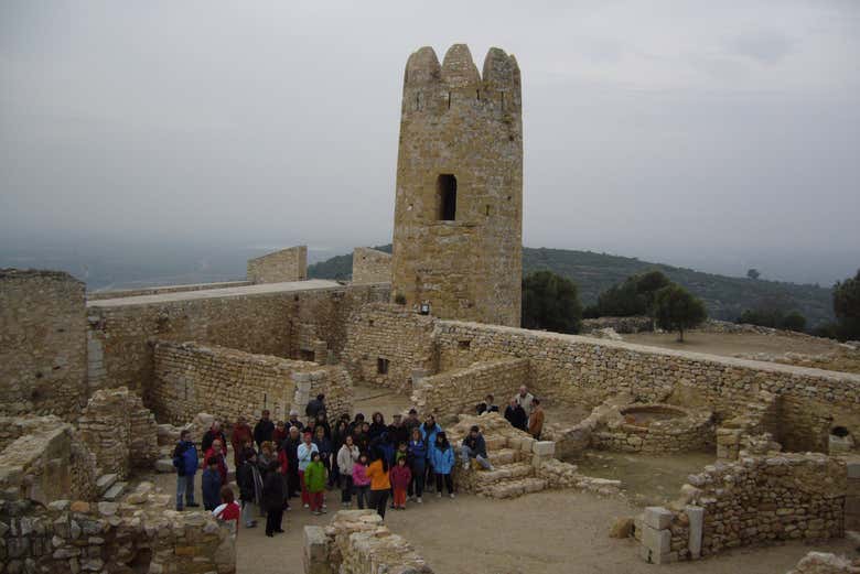 Un gruppo mentre visita le rovine del castello all'aperto