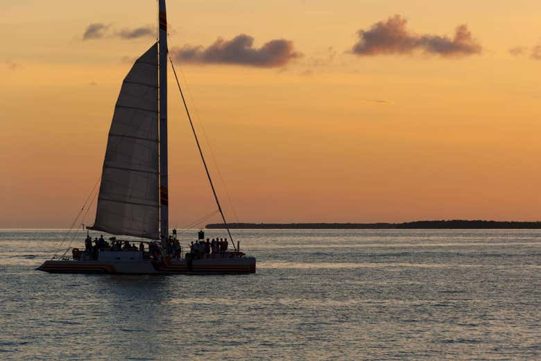 Traversata in catamarano a vela al tramonto