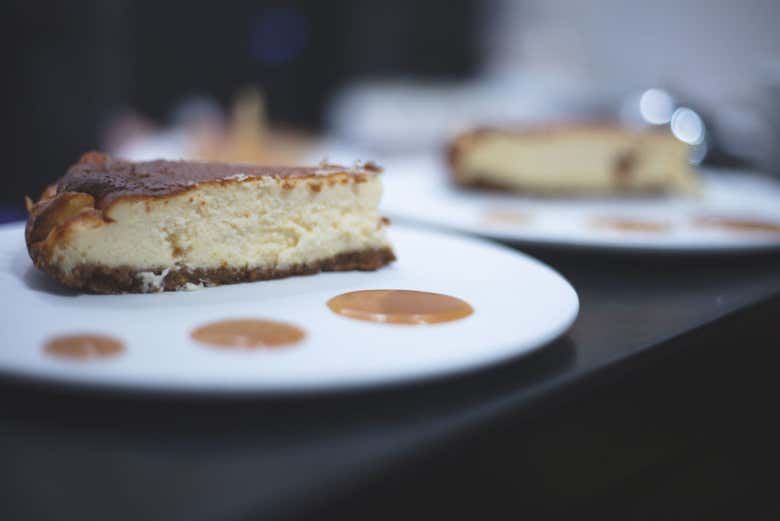Enjoying the delicious cheesecake