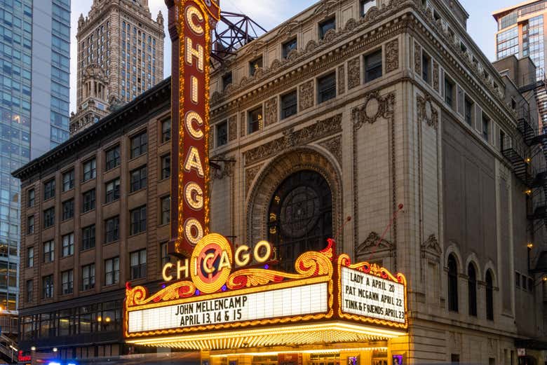 Pass the iconic marquee of the Chicago Theatre