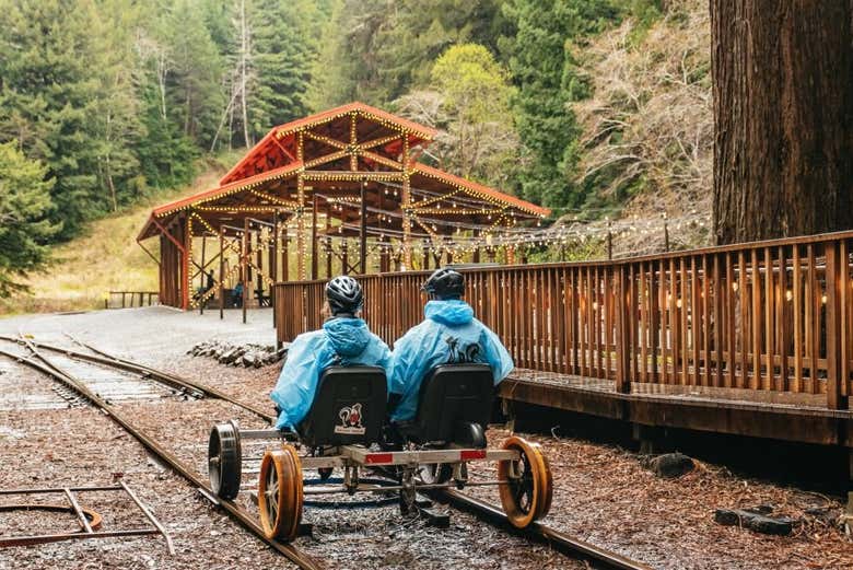 A couple enjoying the rail bike