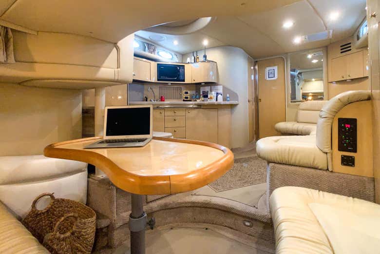 The lounge area on board