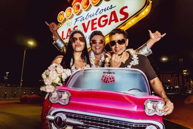 Gold Elvis with Vow Renewal Couple Holding Pink Cadillac Photo P