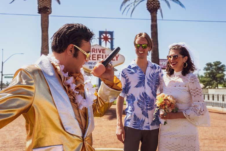 Gold Elvis performs the ceremony on the north side of the Vegas 