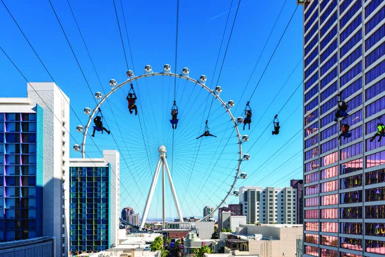 Fly towards the High Roller ferris wheel