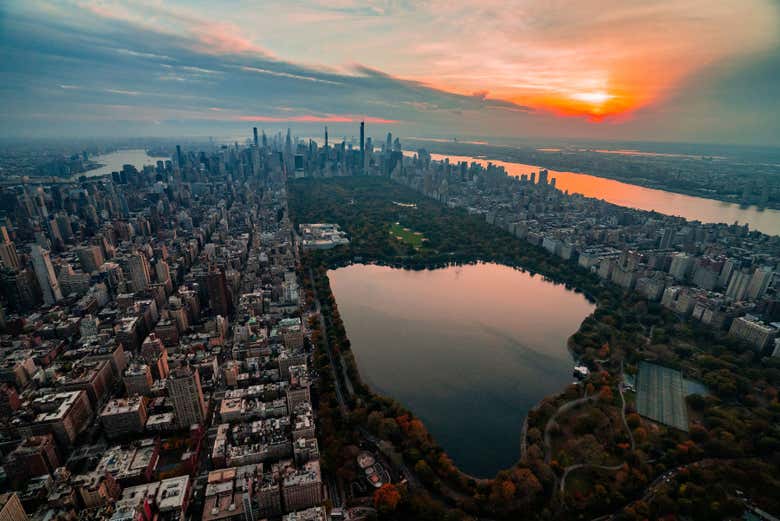 The sun sets over the city