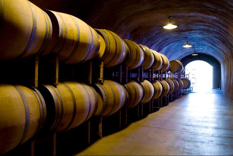 Fûts de vin à l'intérieur de la cave