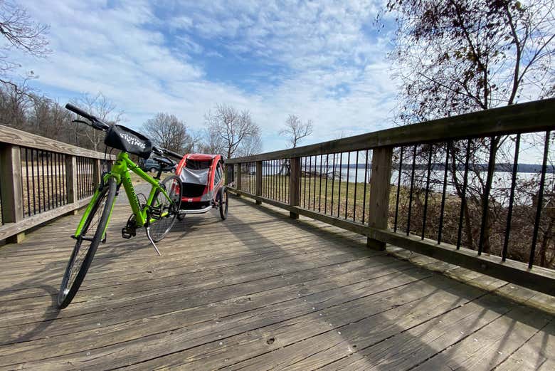 Going over a wooden bridge on an electric bike