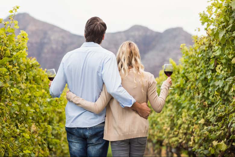 Couple dégustant un verre de vin dans les vignes