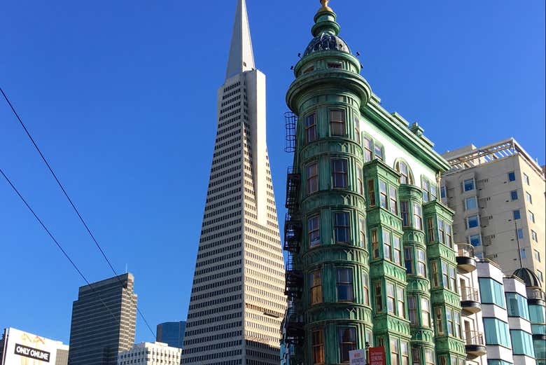 The Transamerica Pyramid against a blue sky