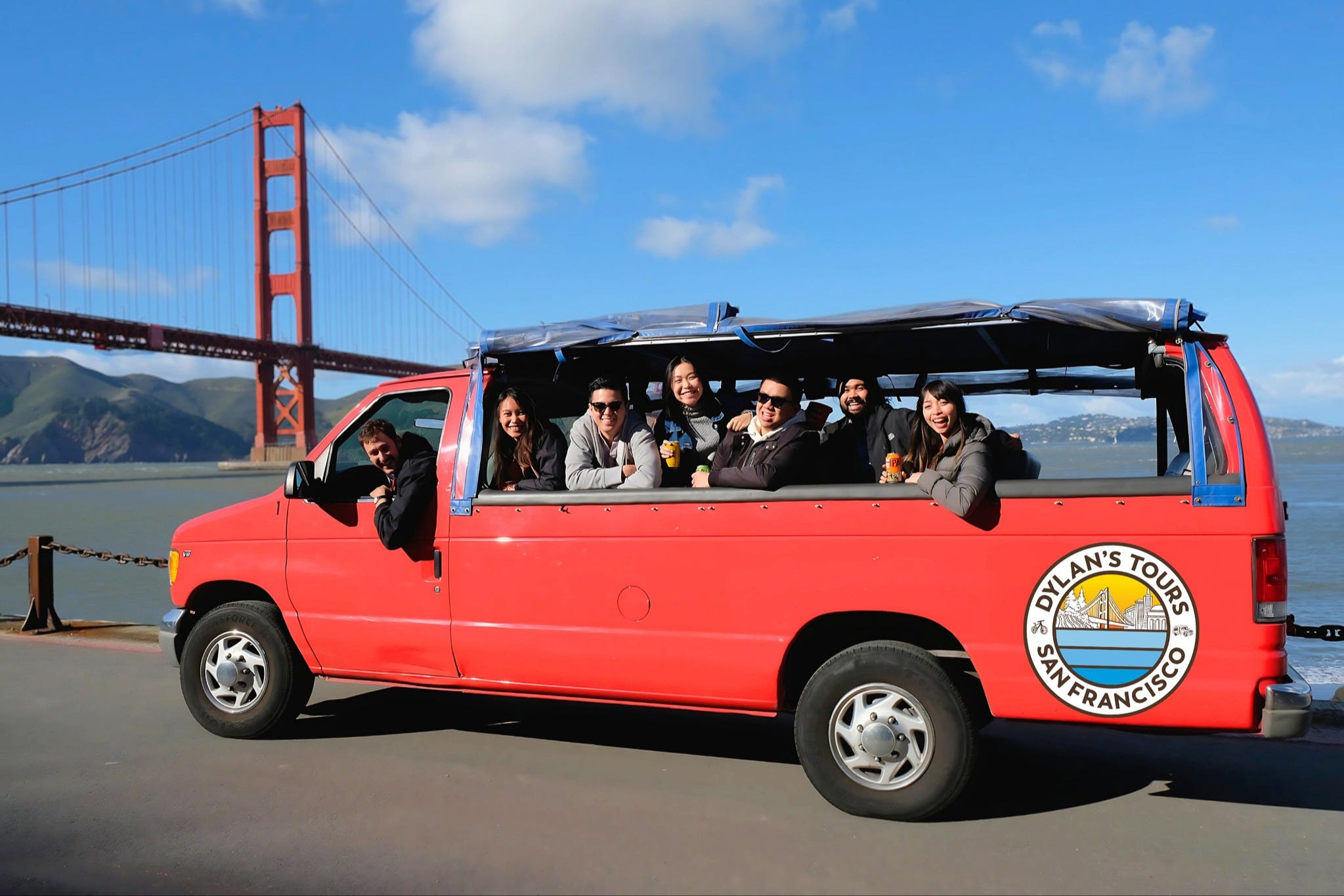 Take in the Golden Gate Bridge from an open-air tour van