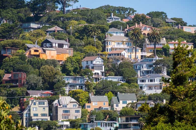 Las típicas casas en la ladera de Sausalito