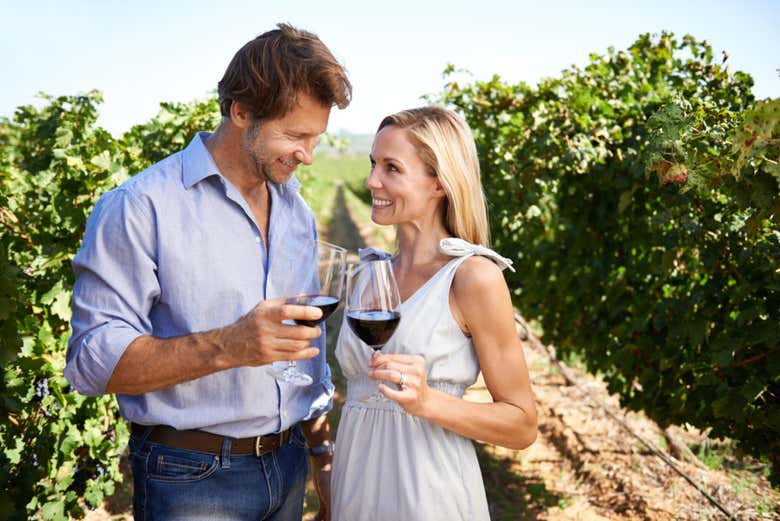 Una pareja tomando una copa de vino
