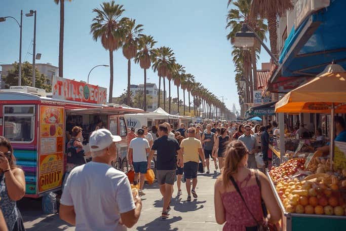 El concurrido paseo marítimo de Venice Beach Boardwalk