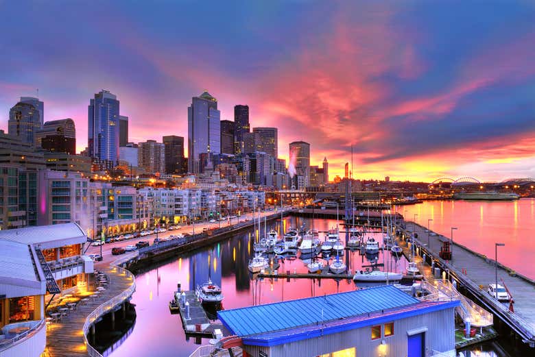 Sunset over Seattle harbour