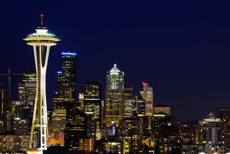 A panoramic view of Seattle at night