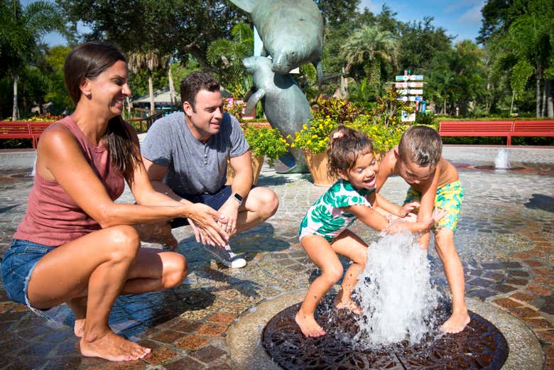 Una familia jugando en las fuentes de ZooTampa
