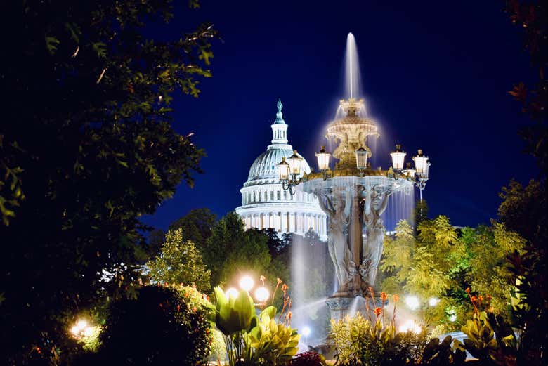 Preciosa vista nocturna de la Fuente Bartholdi