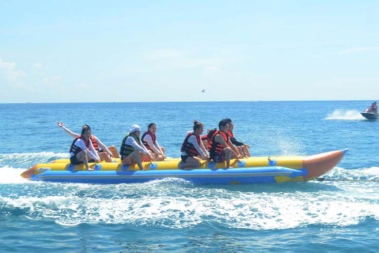 Enjoying the banana boat ride in Bohol