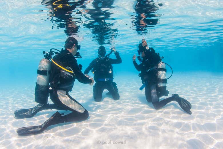 Practicing the scuba diving moves