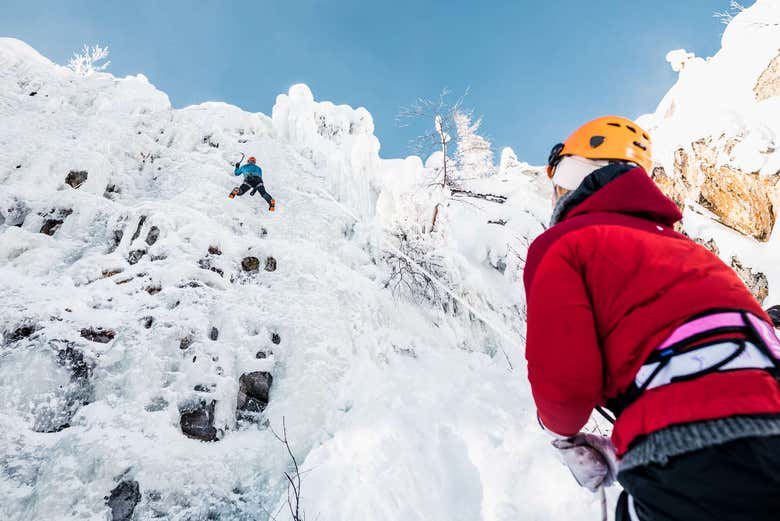 Enjoying the ice climbing course