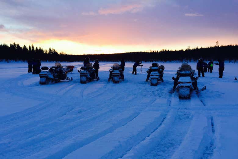 Arriving at the lake on the snowmobiles