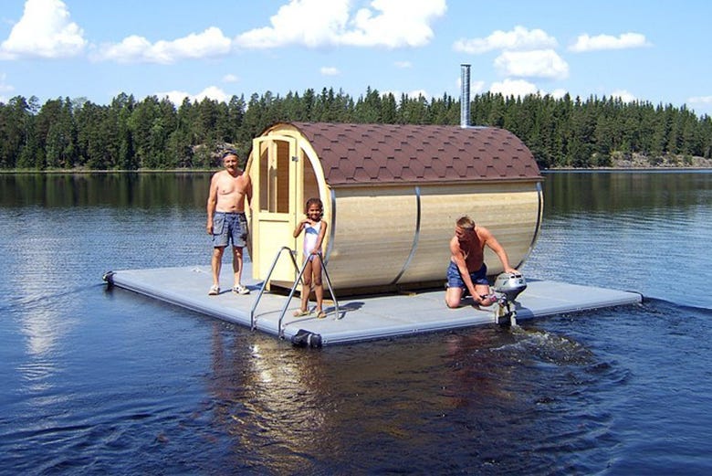 Enjoying the floating sauna in Rovaniemi